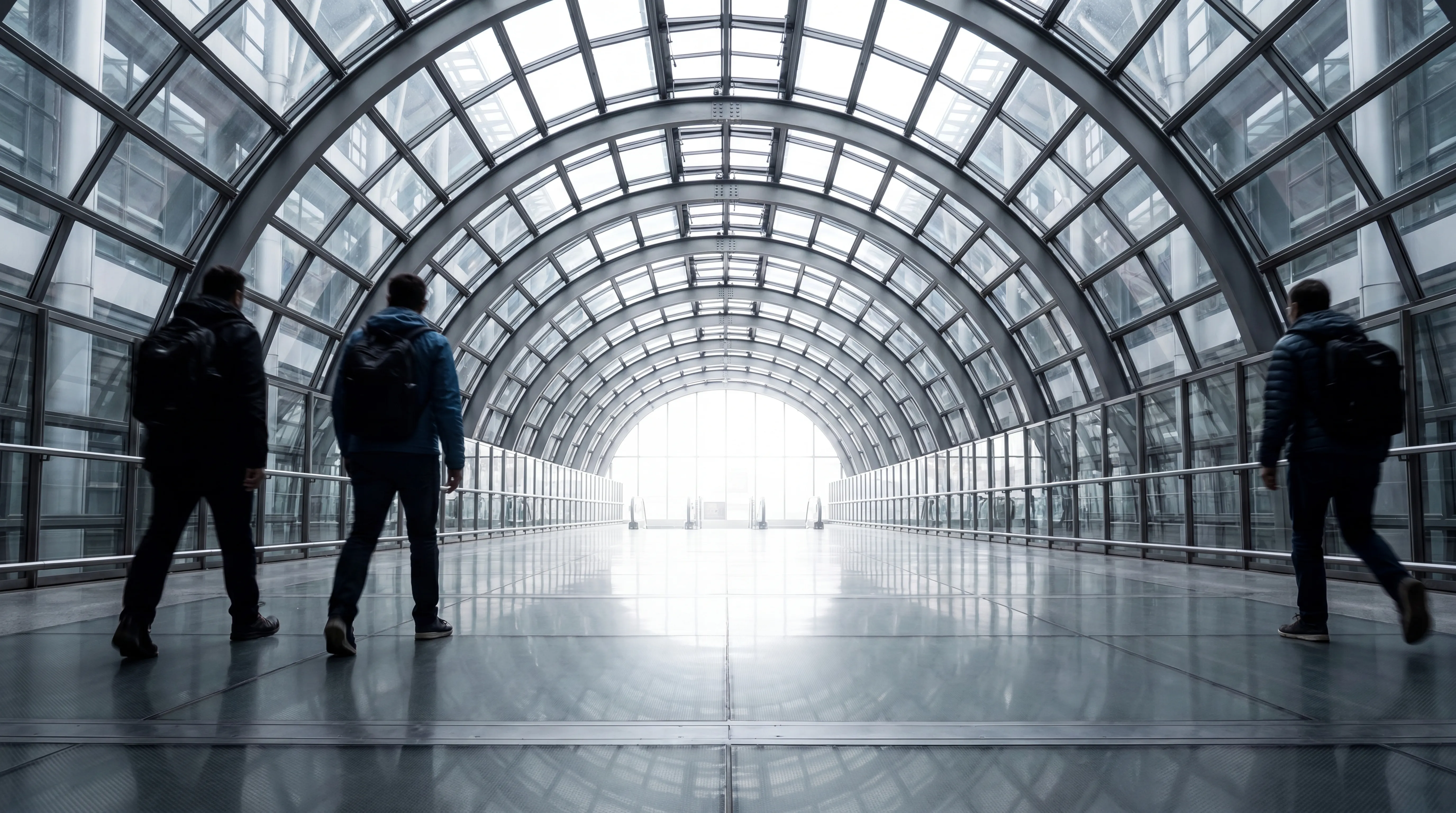 Glass skybridge walkway with figures in motion blur