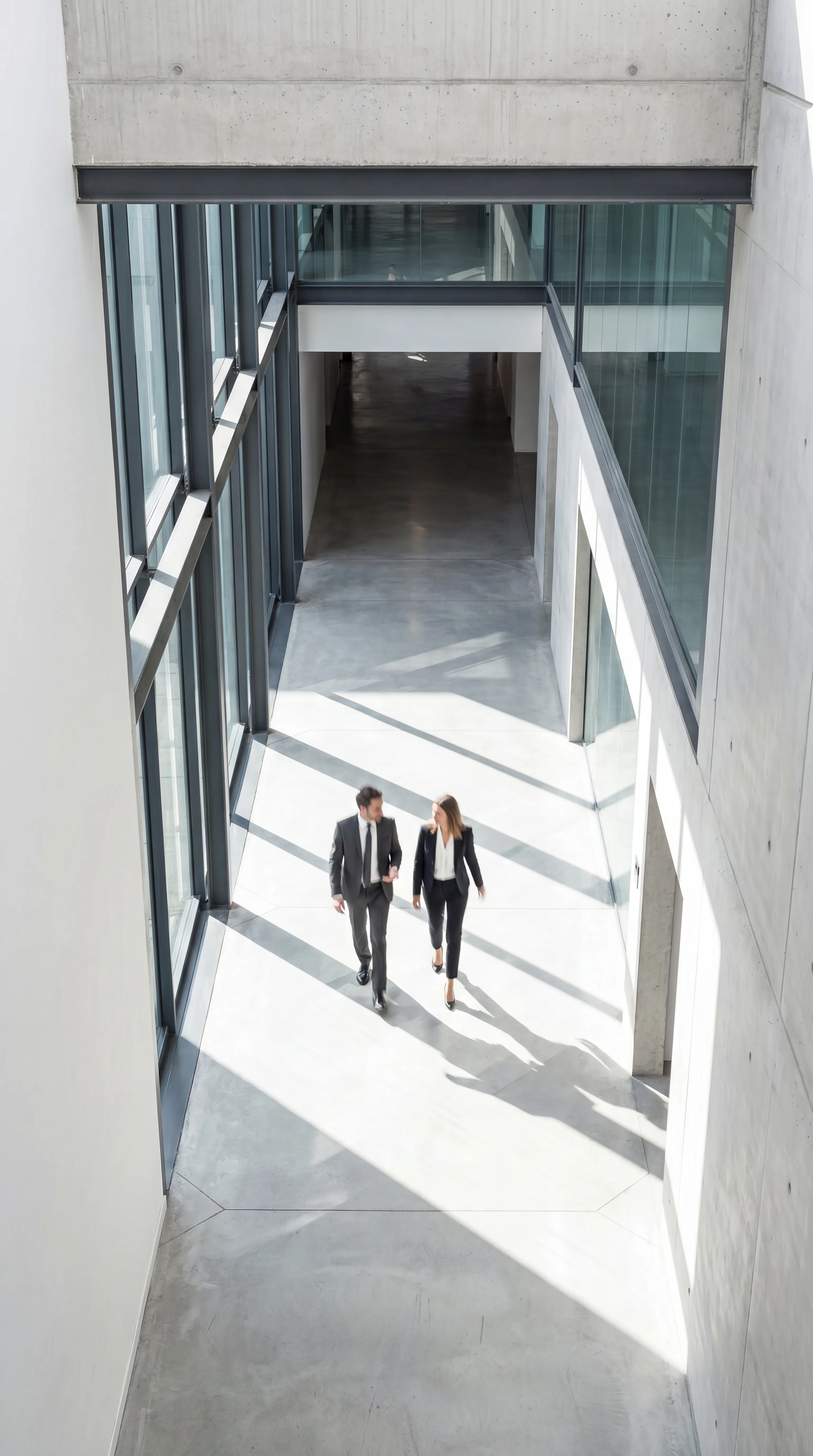 Two professionals walking through a modern concrete and glass corridor