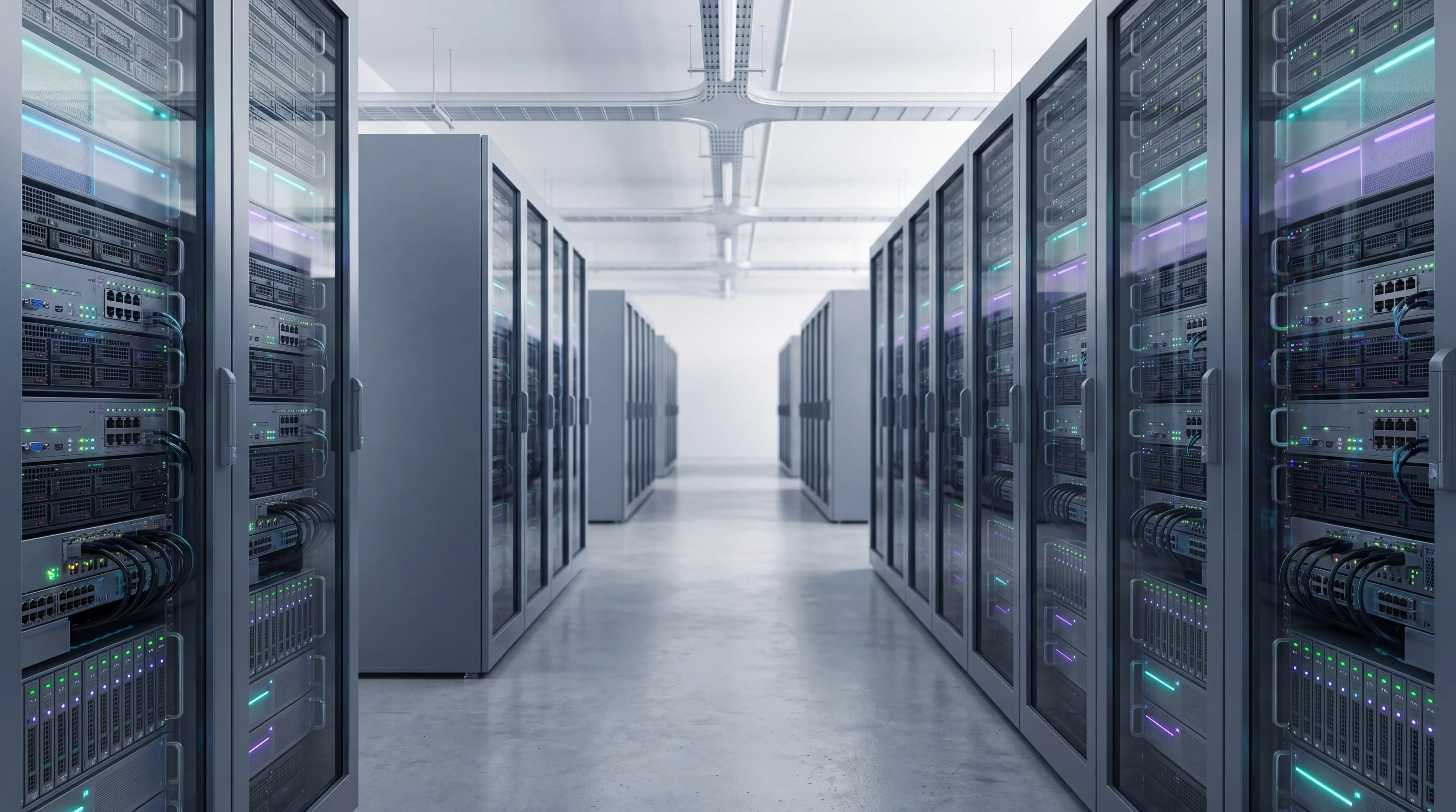 Modern data center server room with illuminated rack equipment