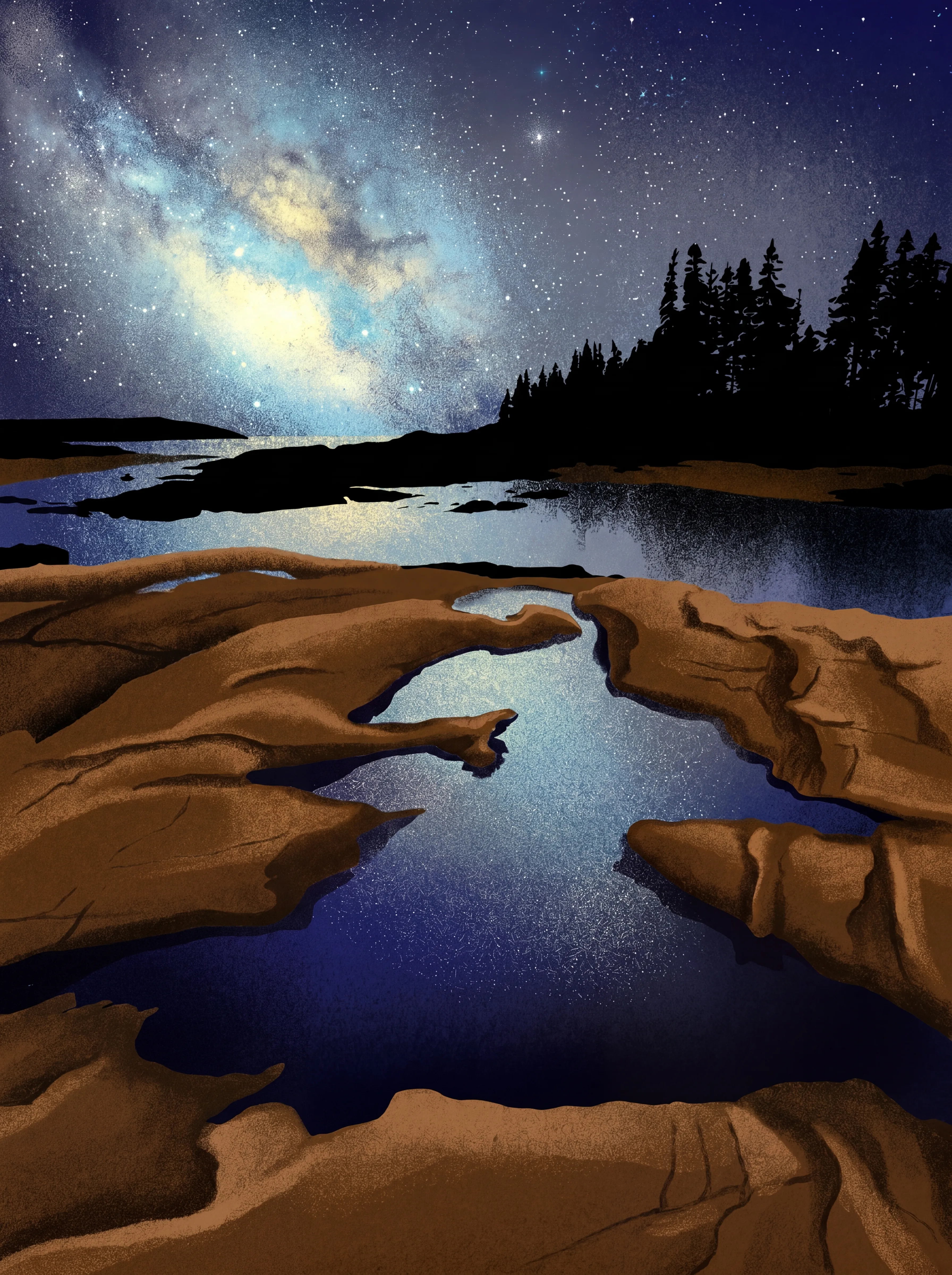 Starry night sky reflected in Maine lakefront tide pools