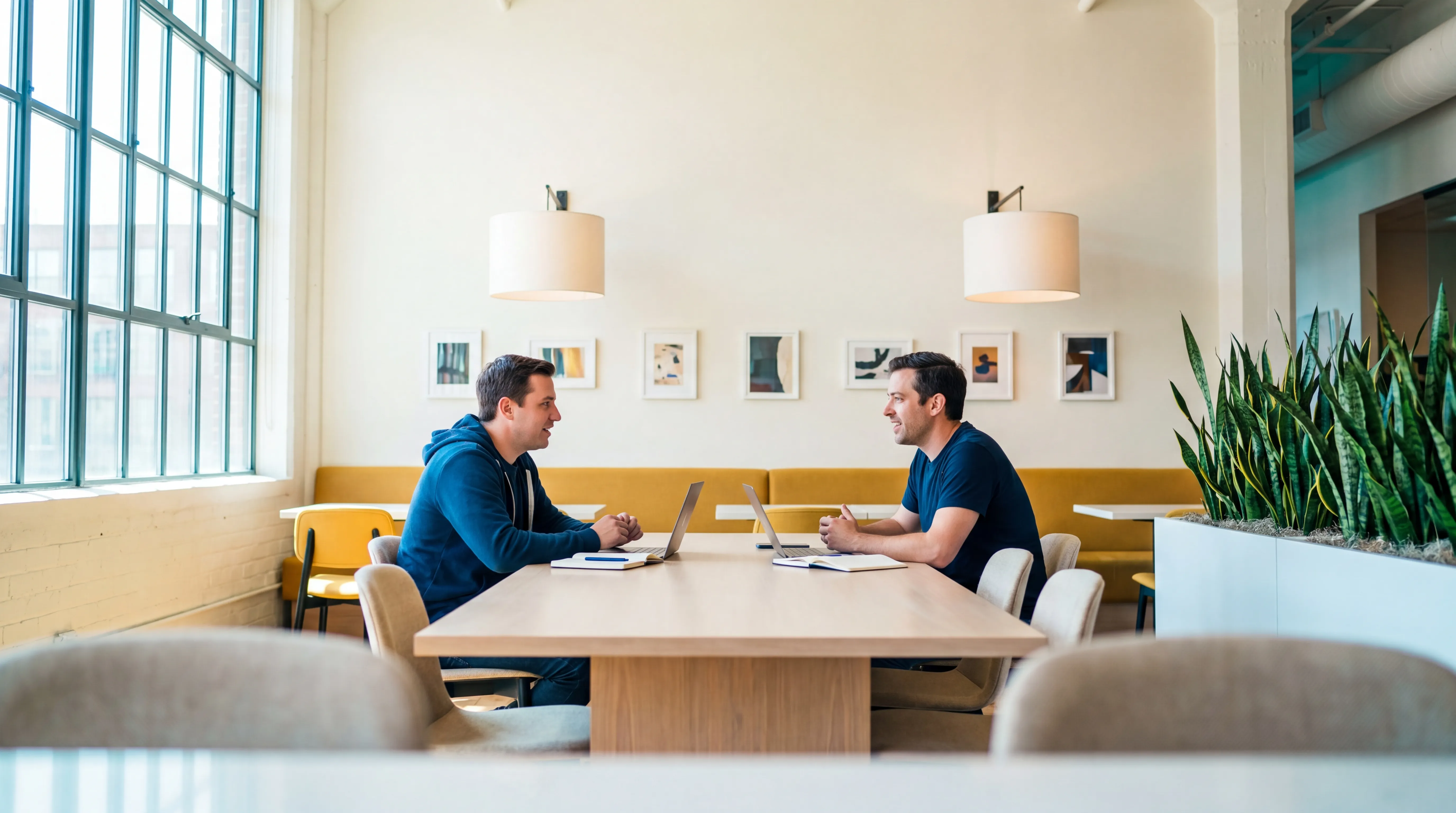Two people meeting at a table in a bright office
