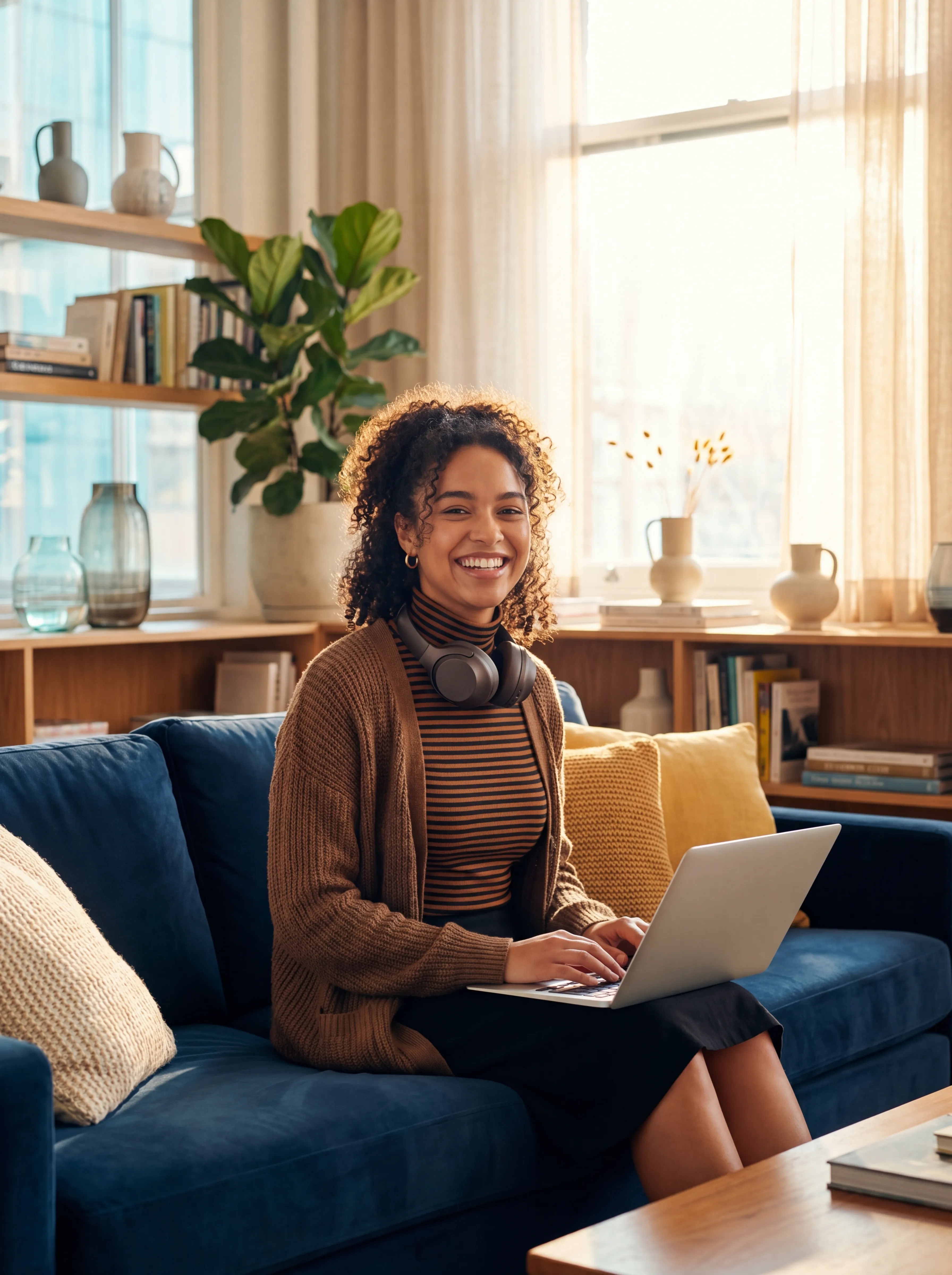 Smiling person working on a laptop in a bright office lounge