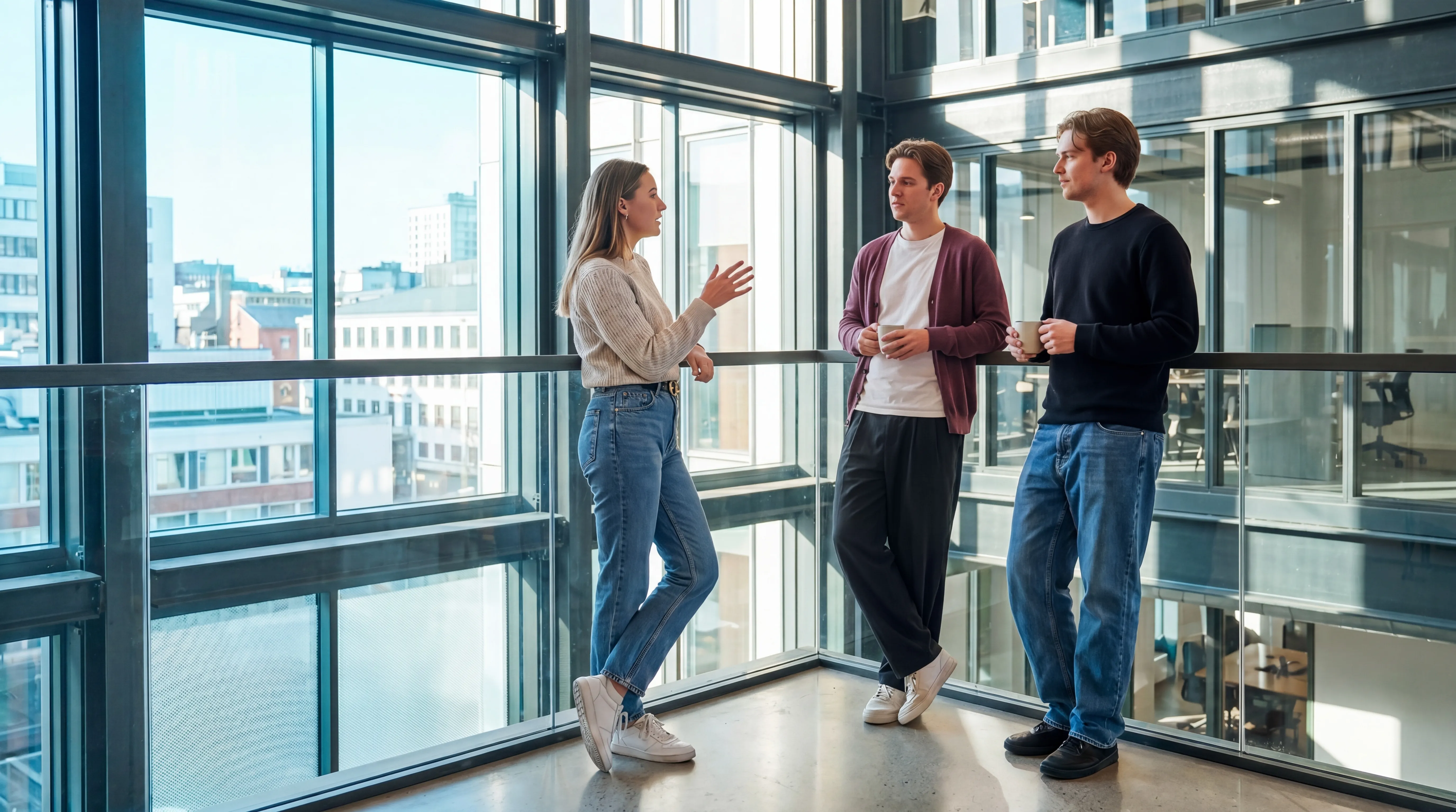Three people talking in a modern office by large windows