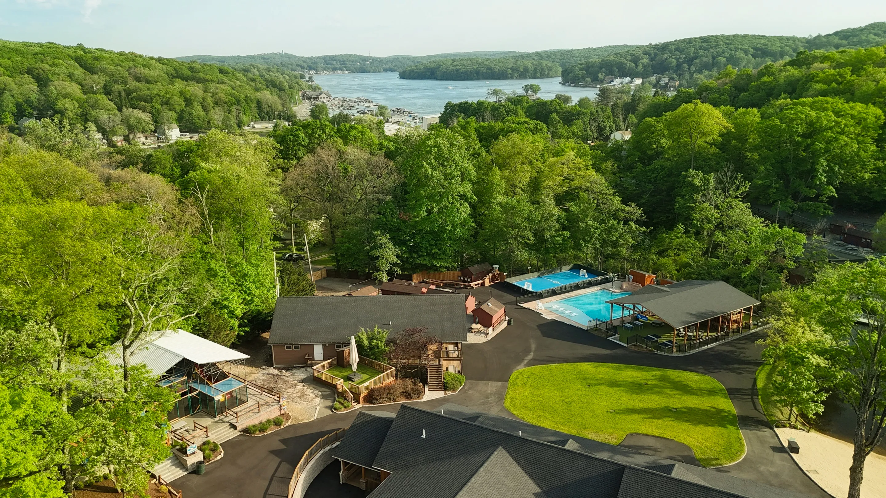 Aerial view of Willow Lake Day Camp facilities on Lake Hopatcong