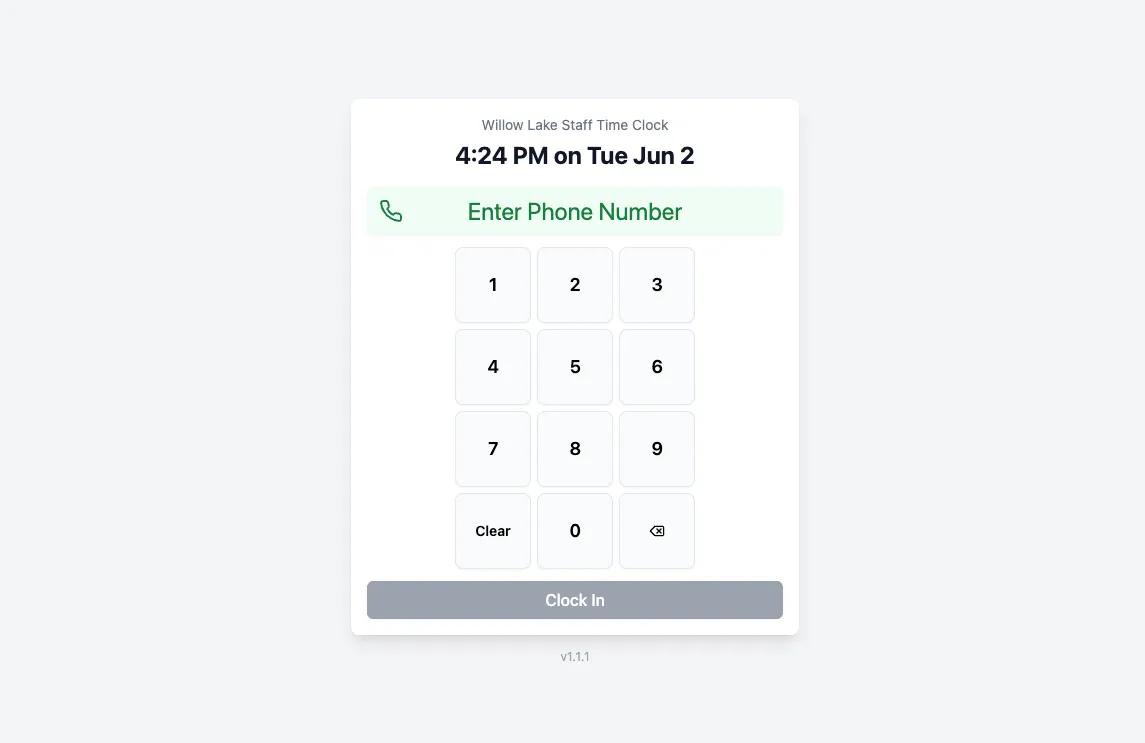 Willow Lake time clock punch-in screen