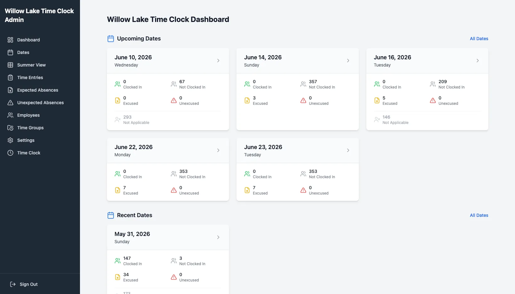 Willow Lake time clock dashboard with upcoming and recent dates