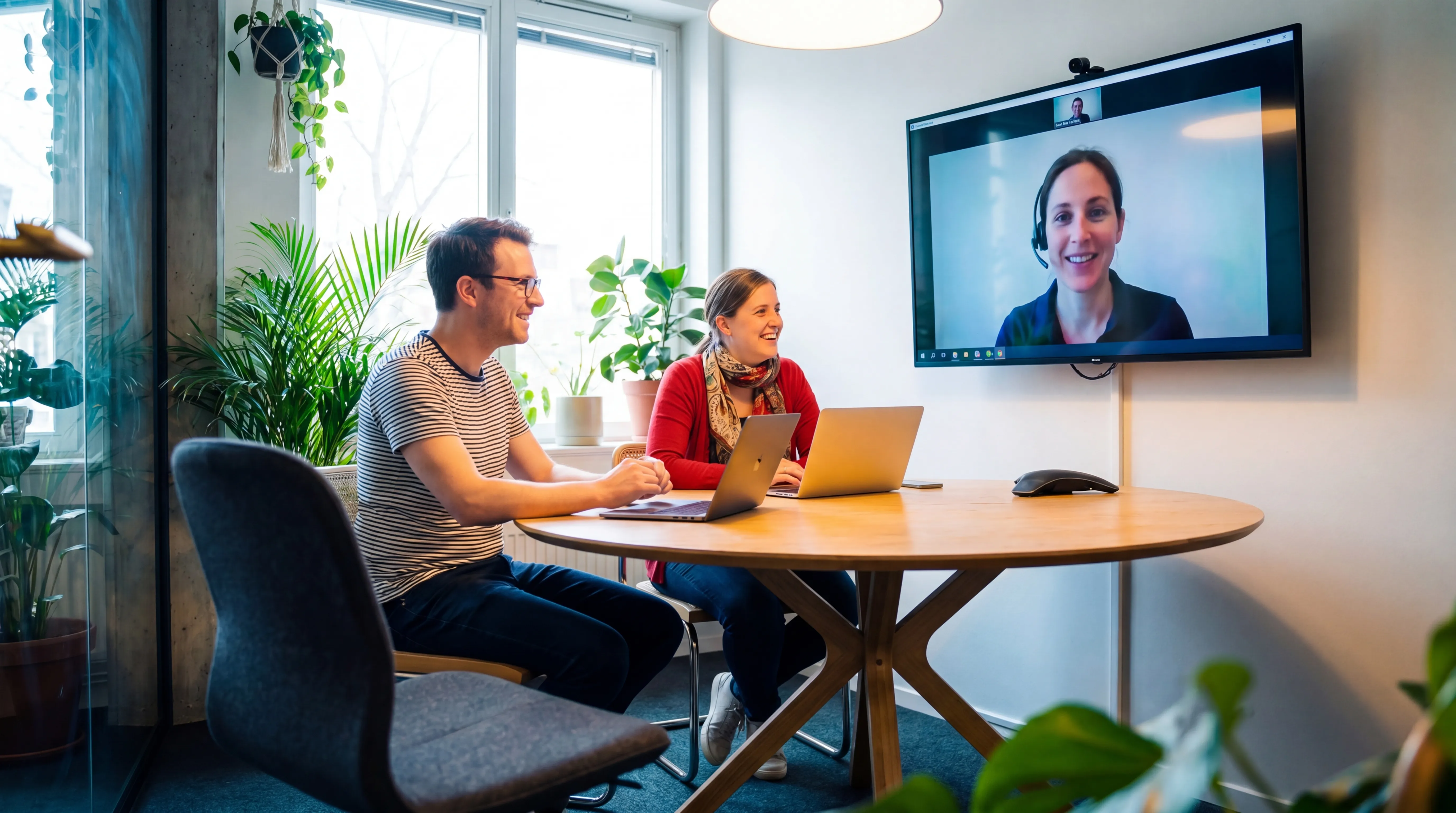 Team collaborating in modern workspace with remote video call